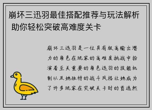 崩坏三迅羽最佳搭配推荐与玩法解析 助你轻松突破高难度关卡