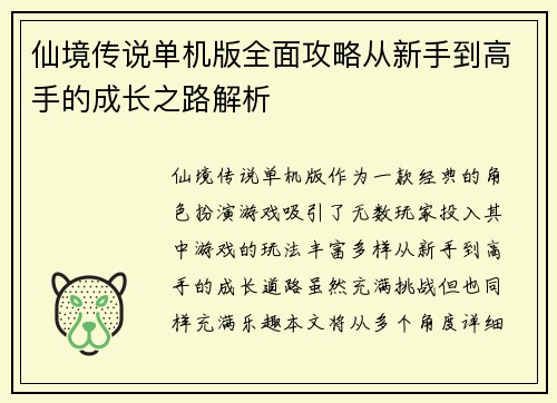 仙境传说单机版全面攻略从新手到高手的成长之路解析